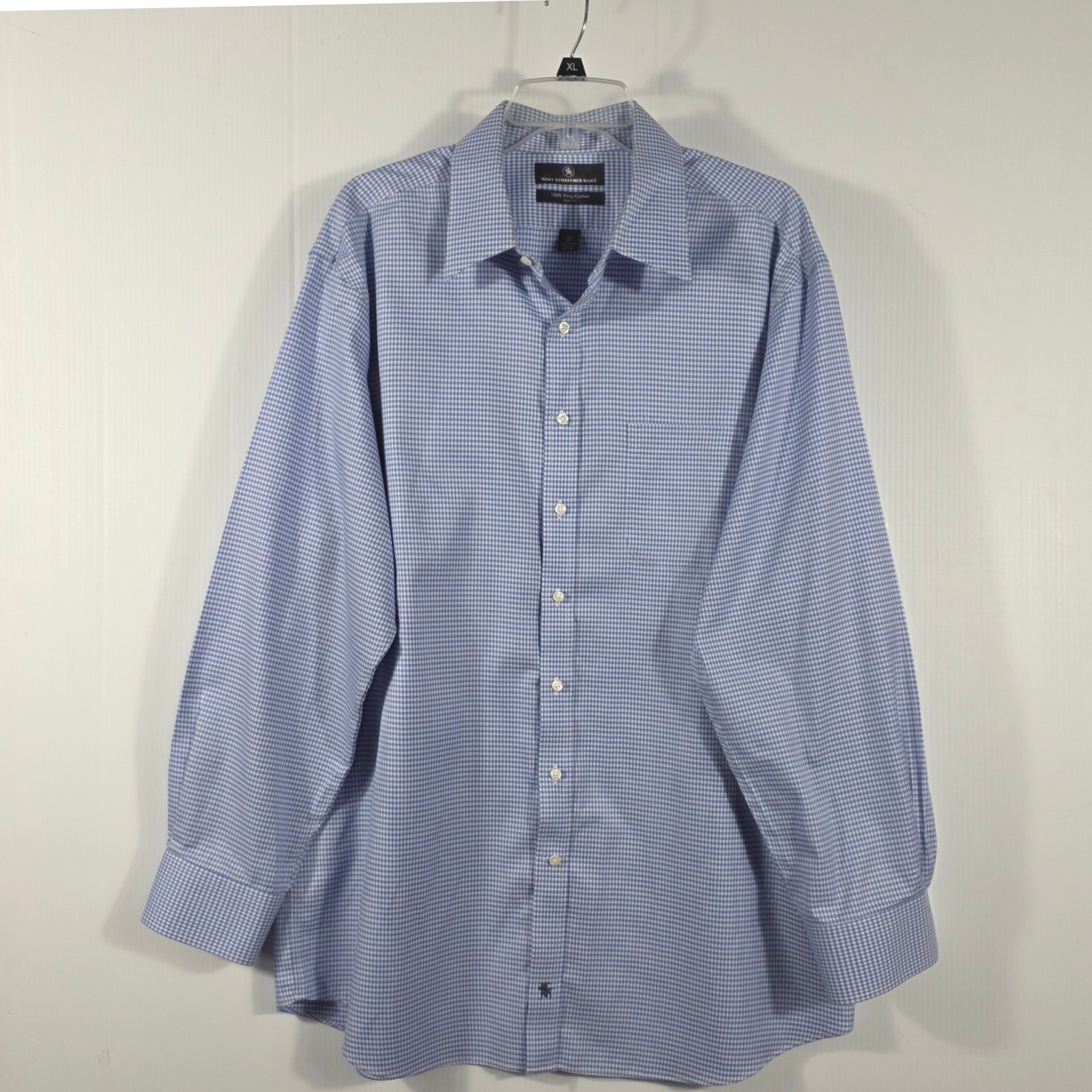 Hart Schaffner Marx Mens 17.5 35 Blue Gingham Pima Cotton Non-Iron Dress Shirt